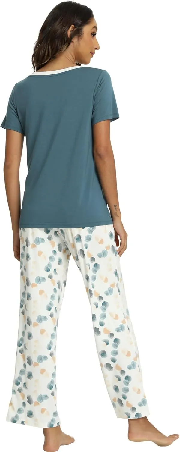 Womens Bamboo Viscose Pajamas Set Super Soft Short Sleeve Top and Pants Pj Sleepwear Sets