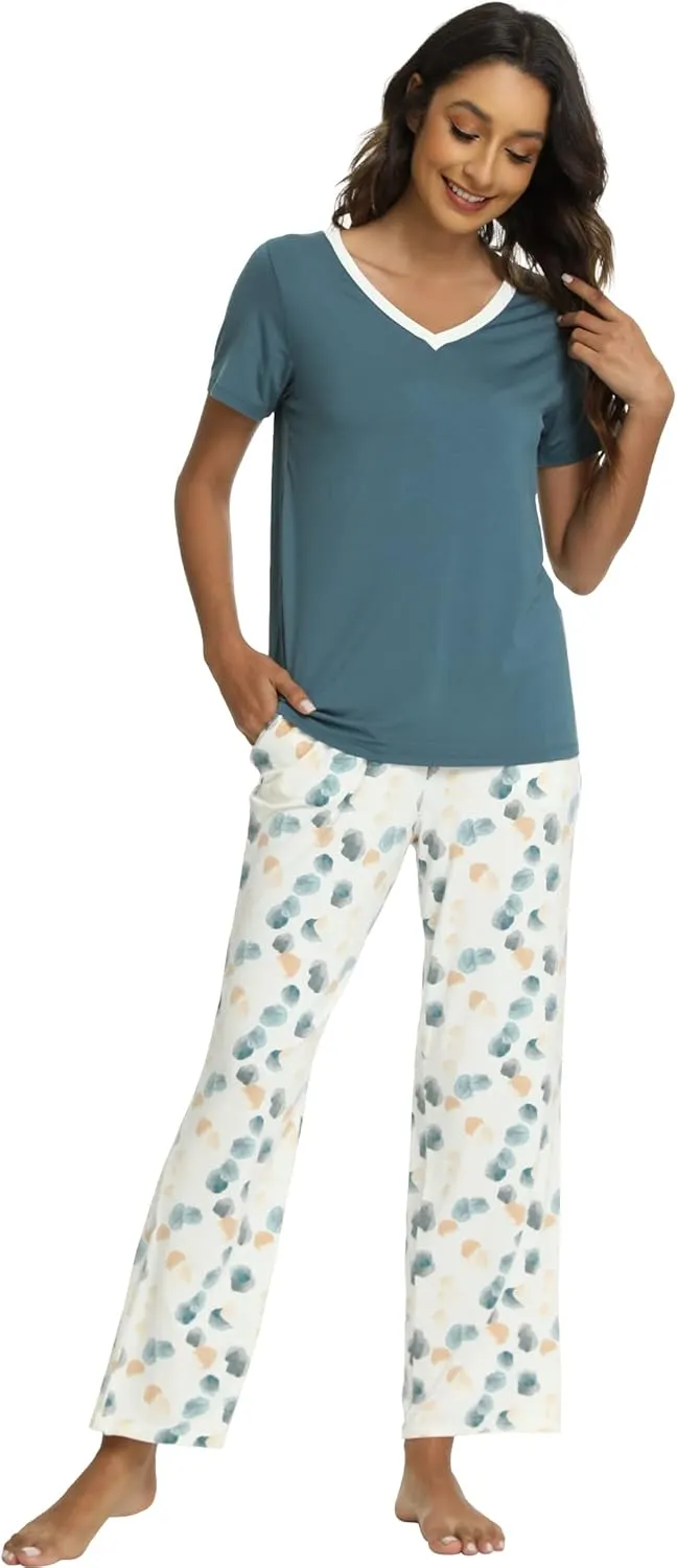 Womens Bamboo Viscose Pajamas Set Super Soft Short Sleeve Top and Pants Pj Sleepwear Sets