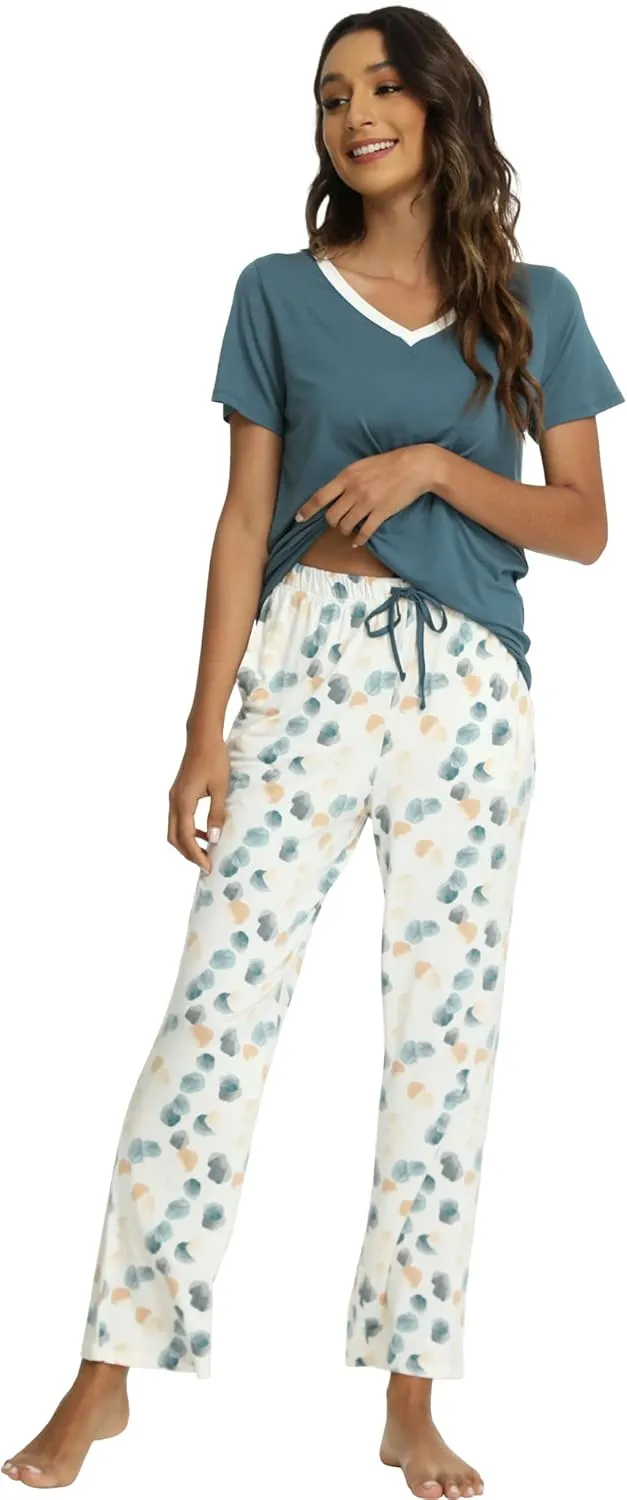 Womens Bamboo Viscose Pajamas Set Super Soft Short Sleeve Top and Pants Pj Sleepwear Sets