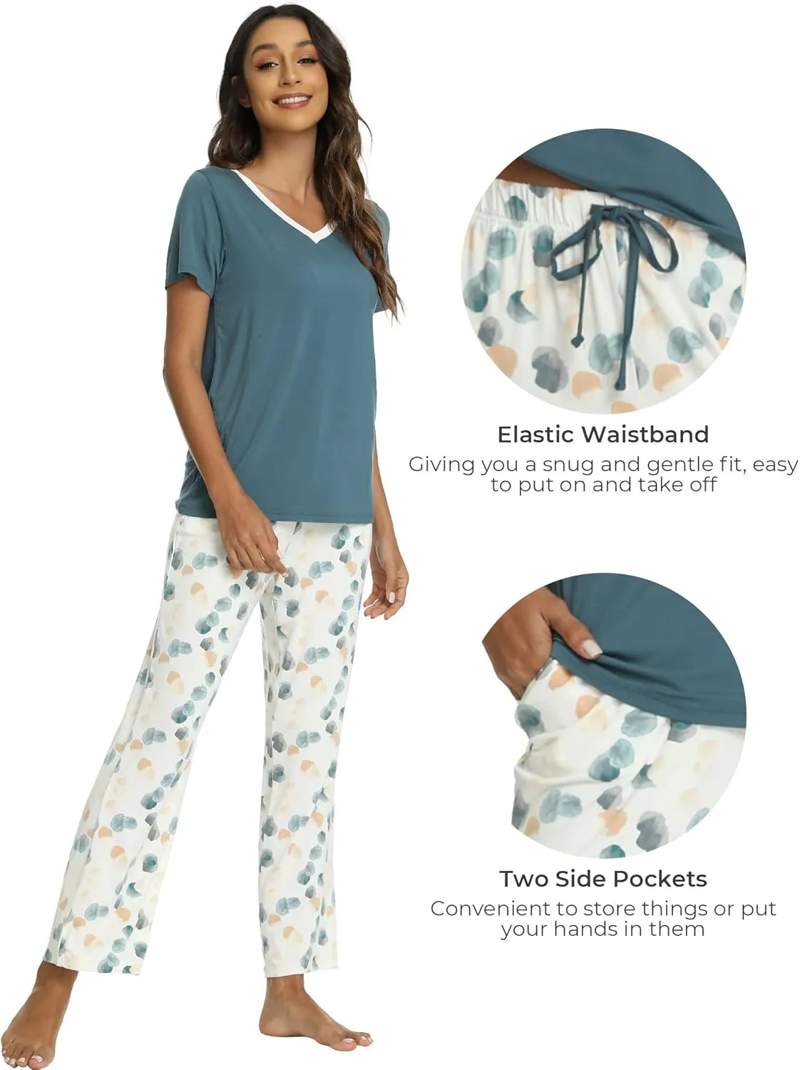 Womens Bamboo Viscose Pajamas Set Super Soft Short Sleeve Top and Pants Pj Sleepwear Sets