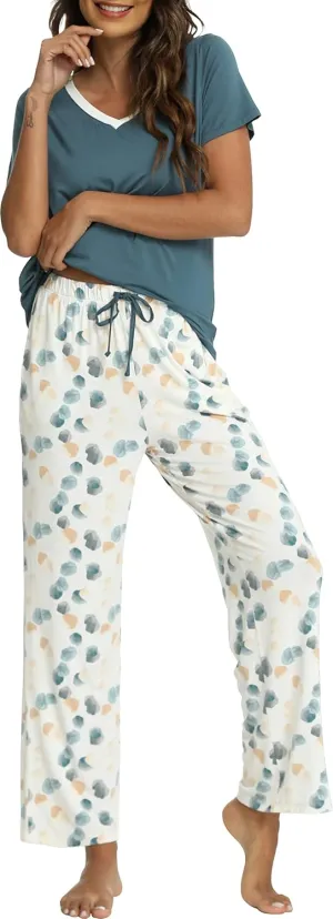 Womens Bamboo Viscose Pajamas Set Super Soft Short Sleeve Top and Pants Pj Sleepwear Sets