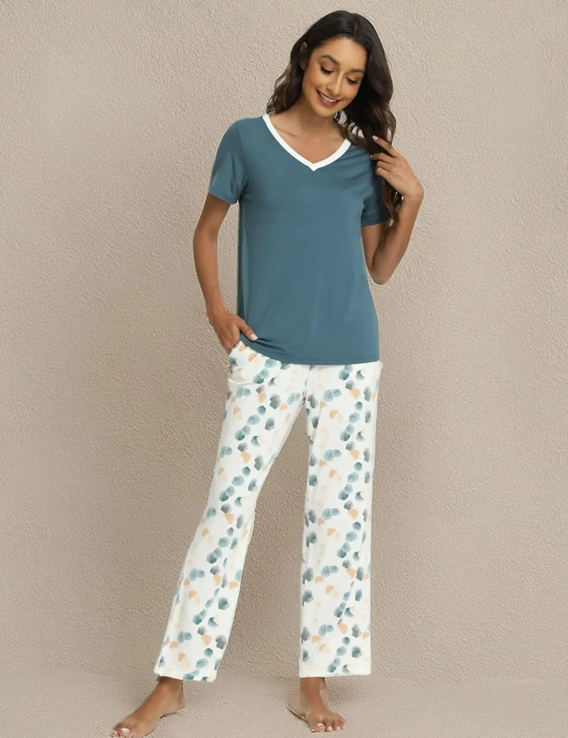 Womens Bamboo Viscose Pajamas Set Super Soft Short Sleeve Top and Pants Pj Sleepwear Sets