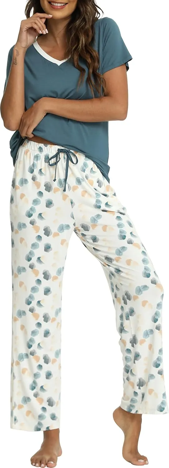 Womens Bamboo Viscose Pajamas Set Super Soft Short Sleeve Top and Pants Pj Sleepwear Sets
