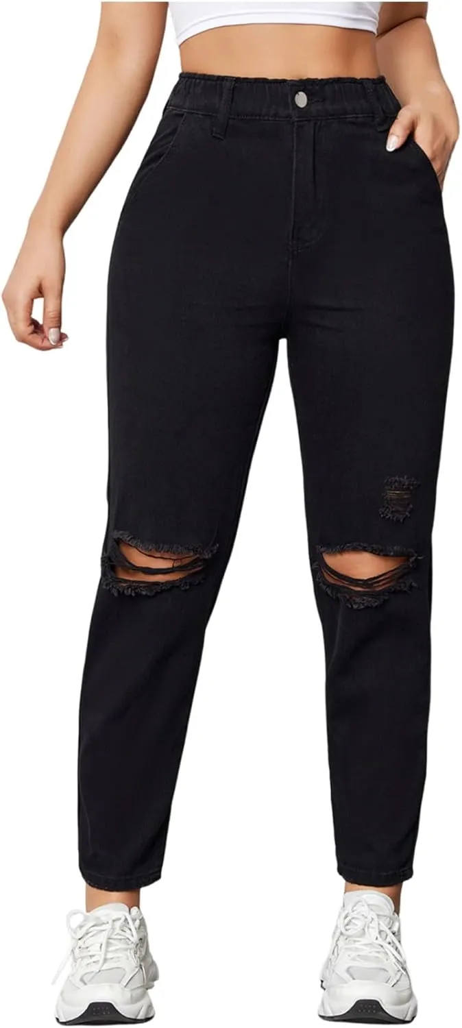 Women's Black Ripped Jeans Straight Leg Stretch Denim Pants High Waisted Distressed Jeans with Pockets