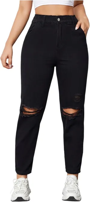 Women's Black Ripped Jeans Straight Leg Stretch Denim Pants High Waisted Distressed Jeans with Pockets