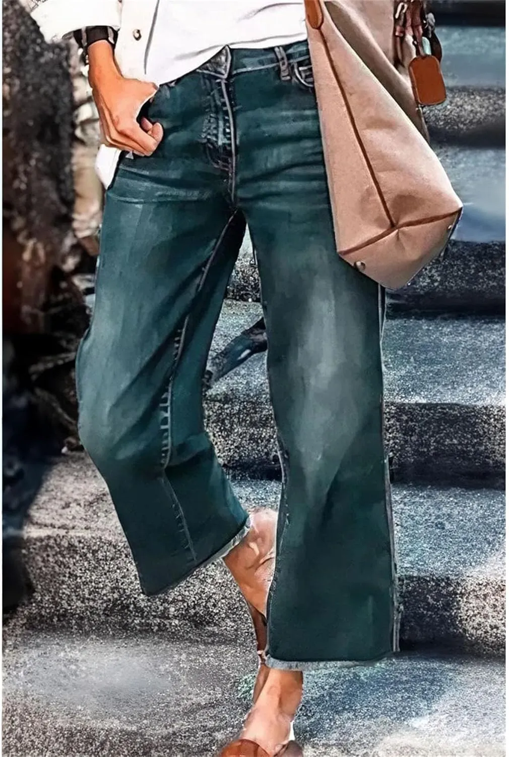 Women's Capri Jeans High Waisted Skinny Stretchy Ladies Jeans Trendy Pants Straight Leg Raw Hem Denim