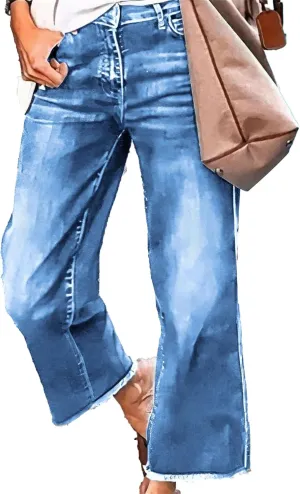 Women's Capri Jeans High Waisted Skinny Stretchy Ladies Jeans Trendy Pants Straight Leg Raw Hem Denim