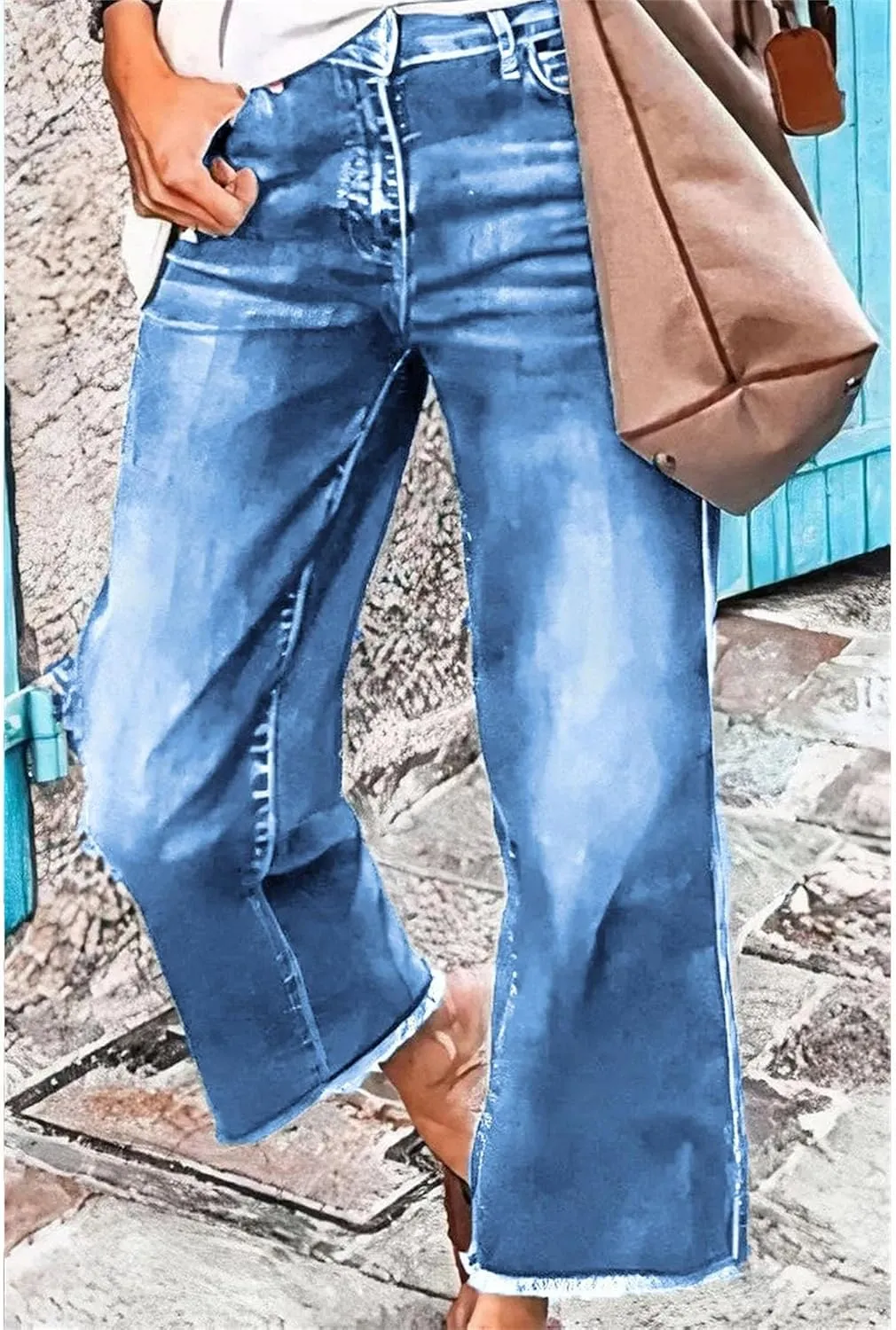 Women's Capri Jeans High Waisted Skinny Stretchy Ladies Jeans Trendy Pants Straight Leg Raw Hem Denim