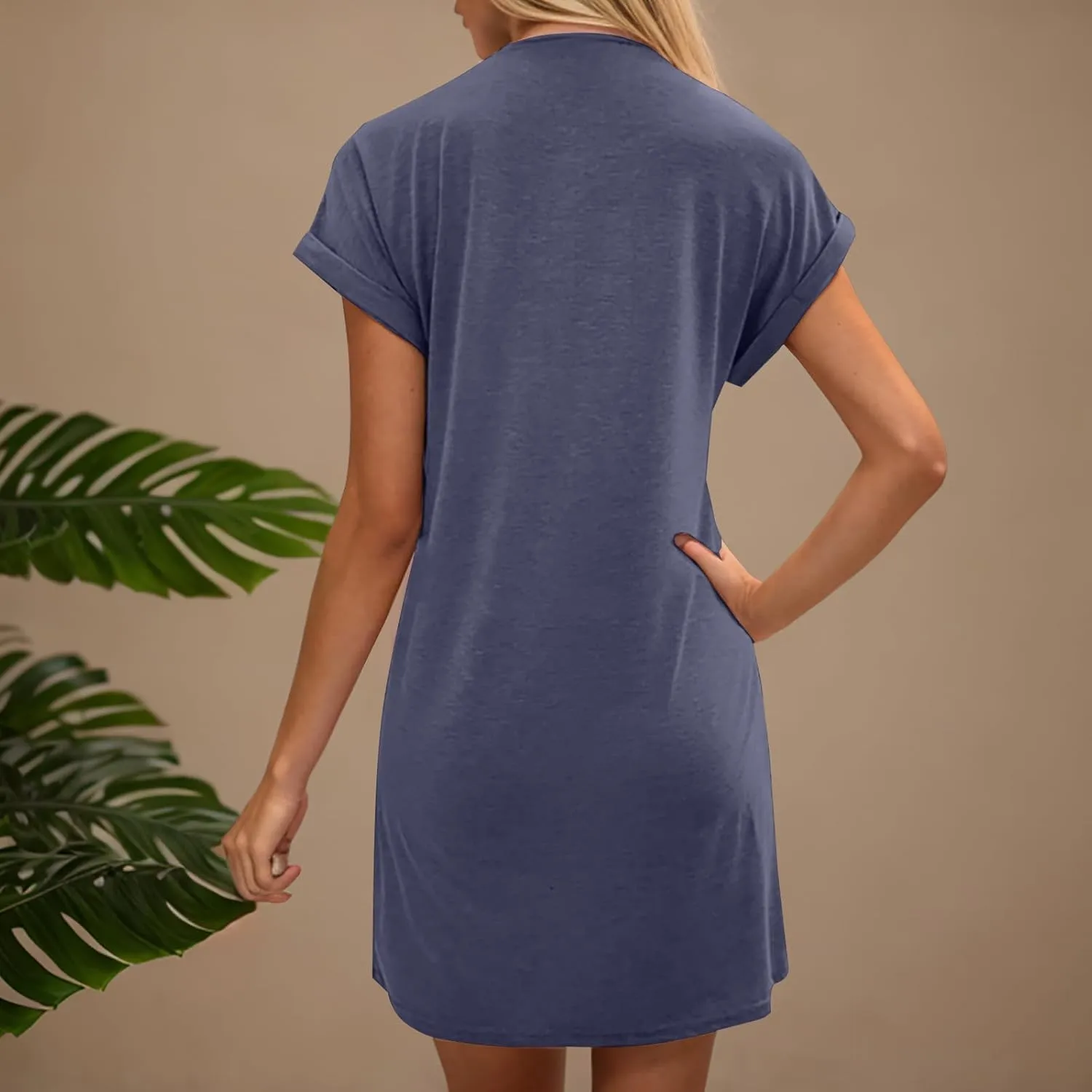 Womens Casual Comfy T Shirt Dress Summer Cuffed Short Sleeve Crewneck Mini Dresses Solid Loungewear Tunic Dress