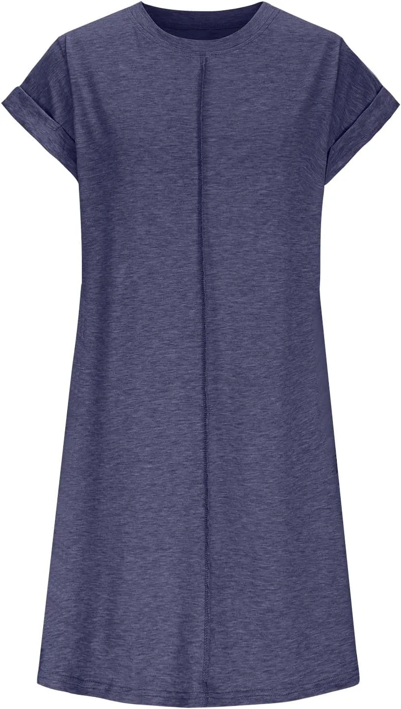 Womens Casual Comfy T Shirt Dress Summer Cuffed Short Sleeve Crewneck Mini Dresses Solid Loungewear Tunic Dress