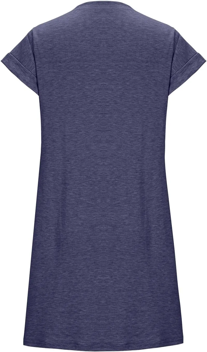 Womens Casual Comfy T Shirt Dress Summer Cuffed Short Sleeve Crewneck Mini Dresses Solid Loungewear Tunic Dress