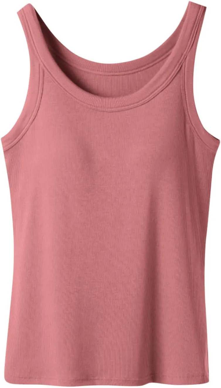 Womens Casual Tank Tops Summer Sleeveless Undershirts with Built in Bra Soft Comfy Workout Yoga Basic Tees Daily Wear