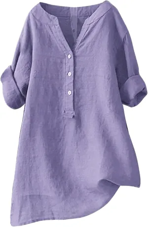Womens Collared Button Down Shirt V Neck Short Sleeve Linen Summer Casual Work Blouse Top Loose Fit Tee Top