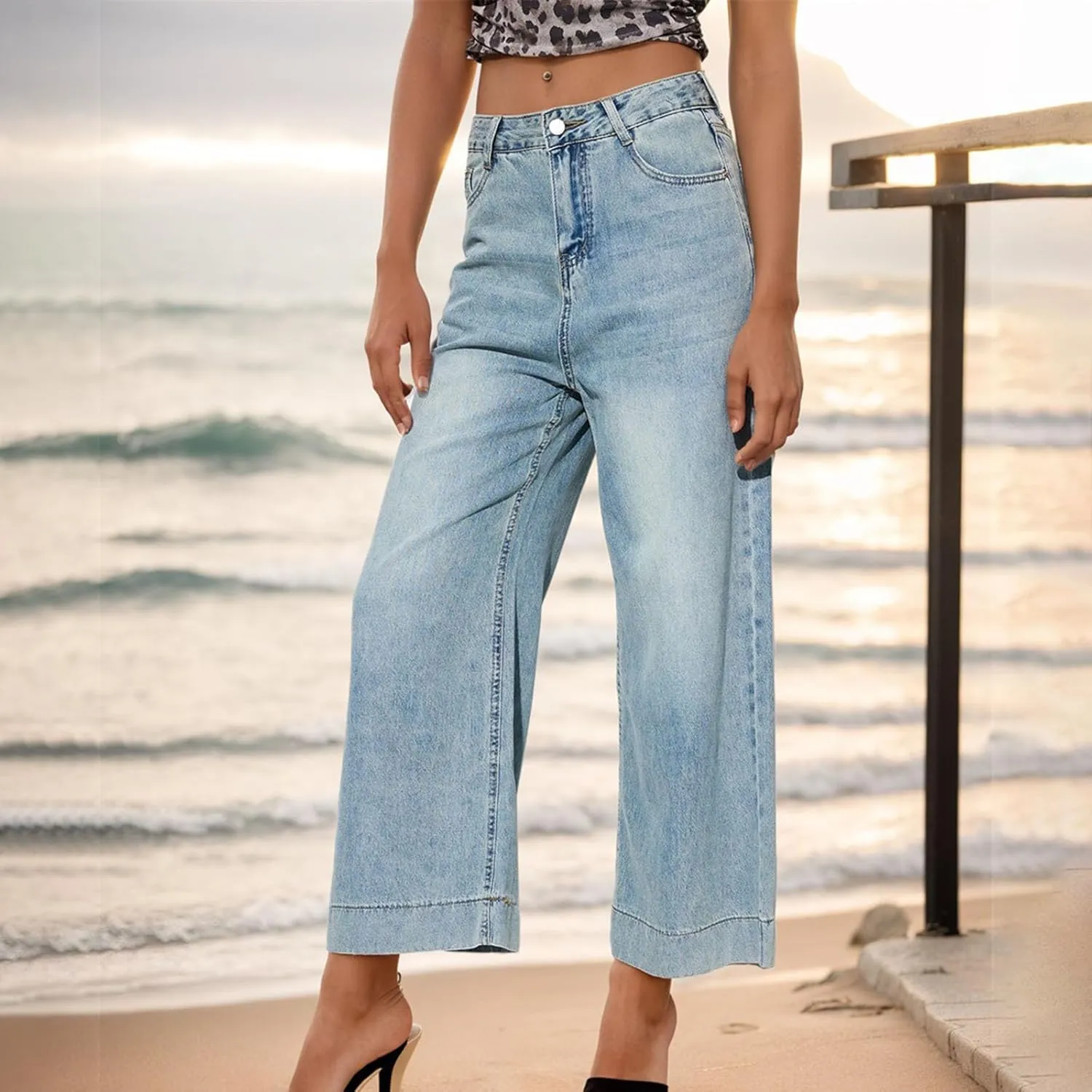Womens Denim Pants High Waisted Wide Leg Jeans Trendy Work Pants Stretch Jeans Loose Fit Trousers Lightweight Pants