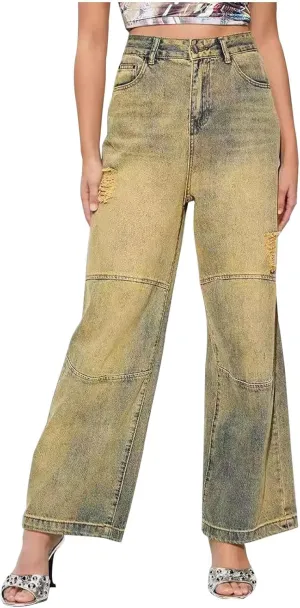 Womens Denim Pants High Waisted Wide Leg Jeans Trendy Work Pants Stretch Jeans Loose Fit Trousers Lightweight Pants
