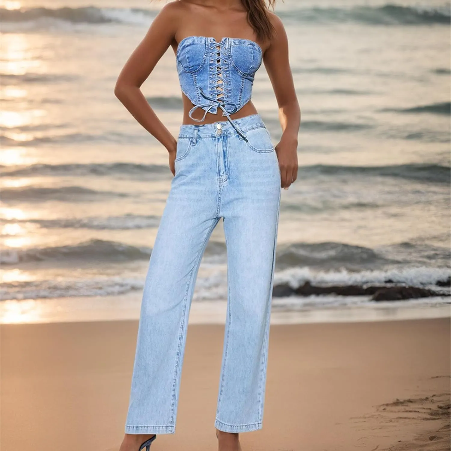Womens Denim Pants High Waisted Wide Leg Jeans Trendy Work Pants Stretch Jeans Loose Fit Trousers Lightweight Pants