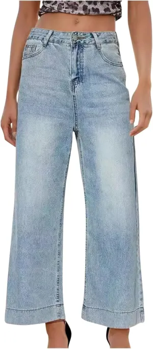 Womens Denim Pants High Waisted Wide Leg Jeans Trendy Work Pants Stretch Jeans Loose Fit Trousers Lightweight Pants