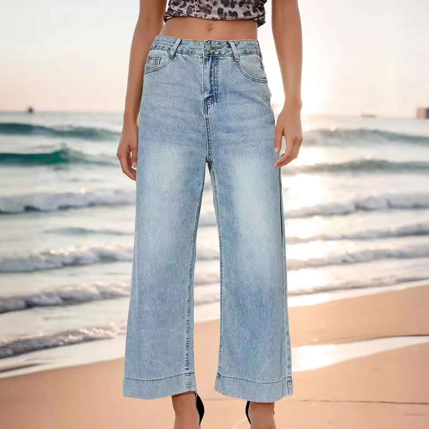 Womens Denim Pants High Waisted Wide Leg Jeans Trendy Work Pants Stretch Jeans Loose Fit Trousers Lightweight Pants