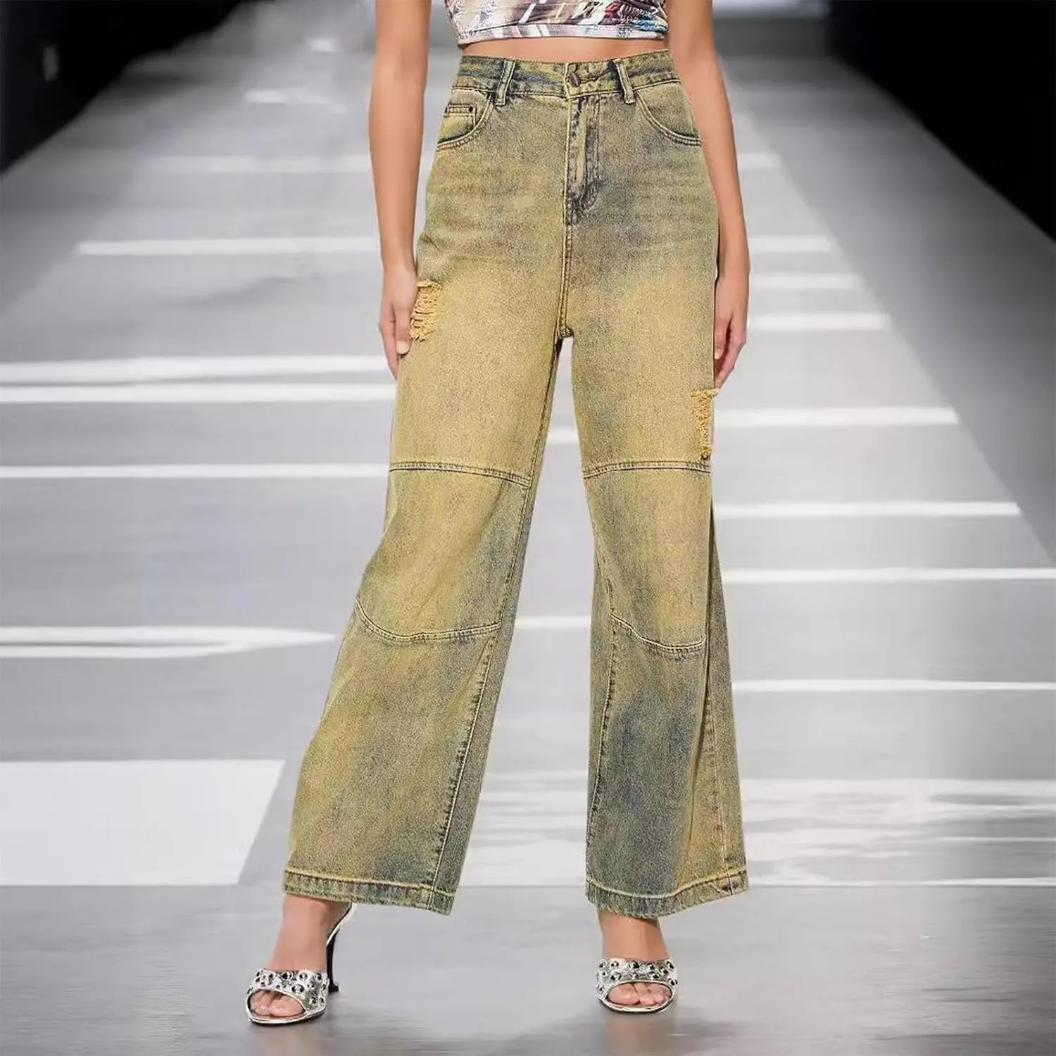 Womens Denim Pants High Waisted Wide Leg Jeans Trendy Work Pants Stretch Jeans Loose Fit Trousers Lightweight Pants