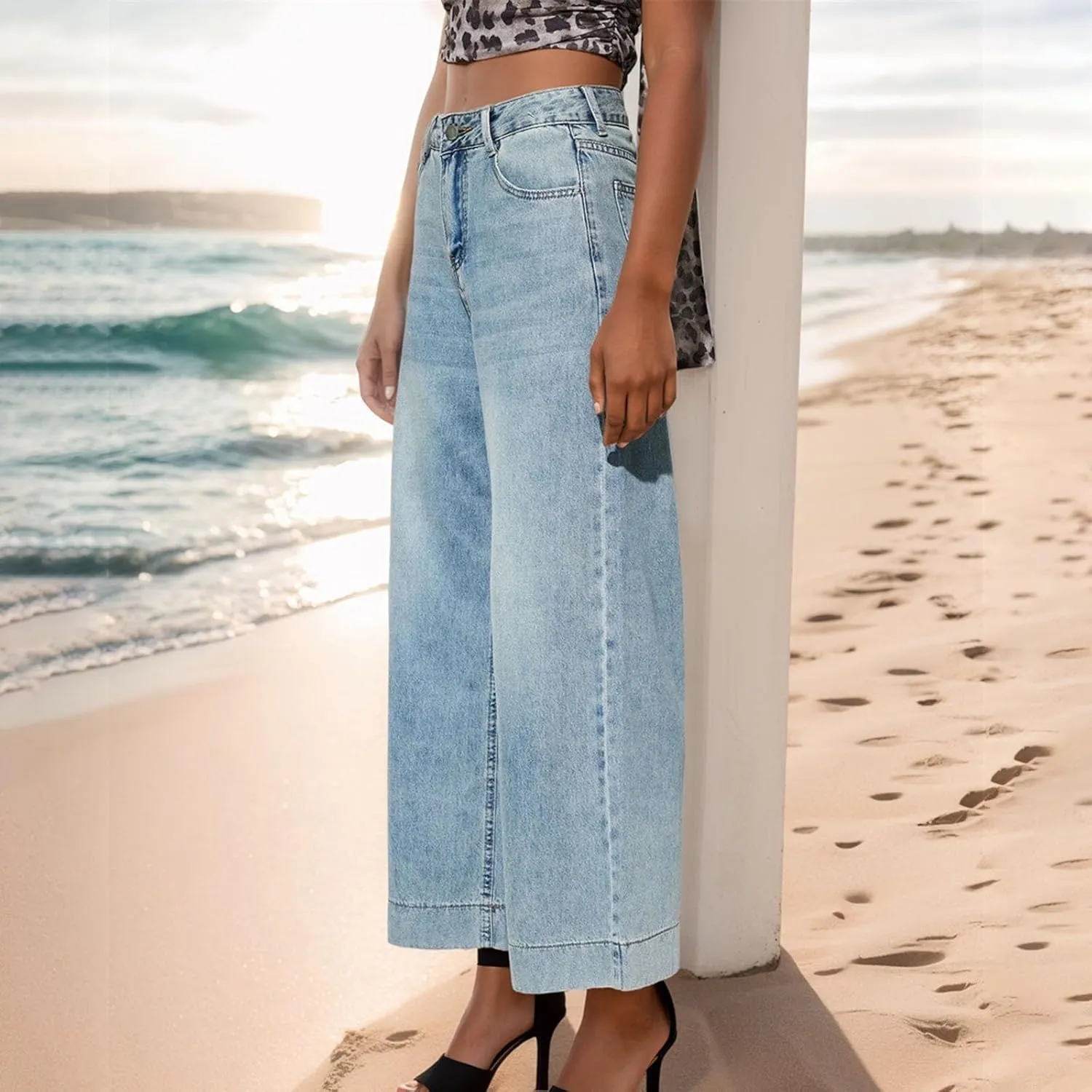 Womens Denim Pants High Waisted Wide Leg Jeans Trendy Work Pants Stretch Jeans Loose Fit Trousers Lightweight Pants