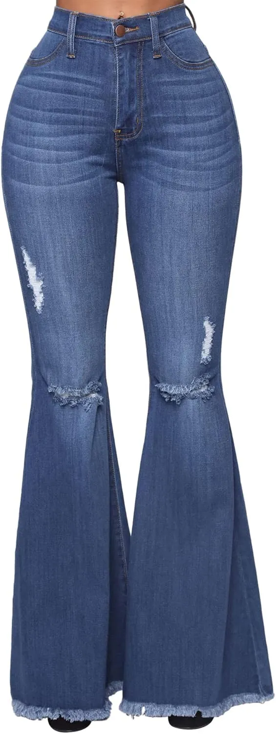Women's Fashion Bell Bottom Pants High Waist Tassel Stretch Curvy Fit Jeans Blue