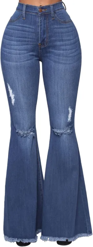 Women's Fashion Bell Bottom Pants High Waist Tassel Stretch Curvy Fit Jeans Blue