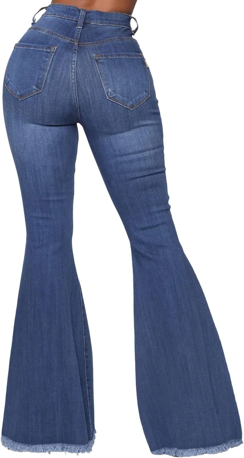Women's Fashion Bell Bottom Pants High Waist Tassel Stretch Curvy Fit Jeans Blue