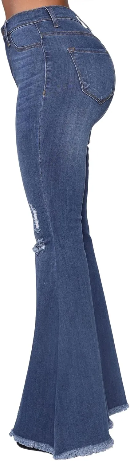 Women's Fashion Bell Bottom Pants High Waist Tassel Stretch Curvy Fit Jeans Blue