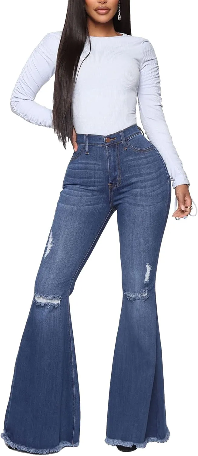 Women's Fashion Bell Bottom Pants High Waist Tassel Stretch Curvy Fit Jeans Blue
