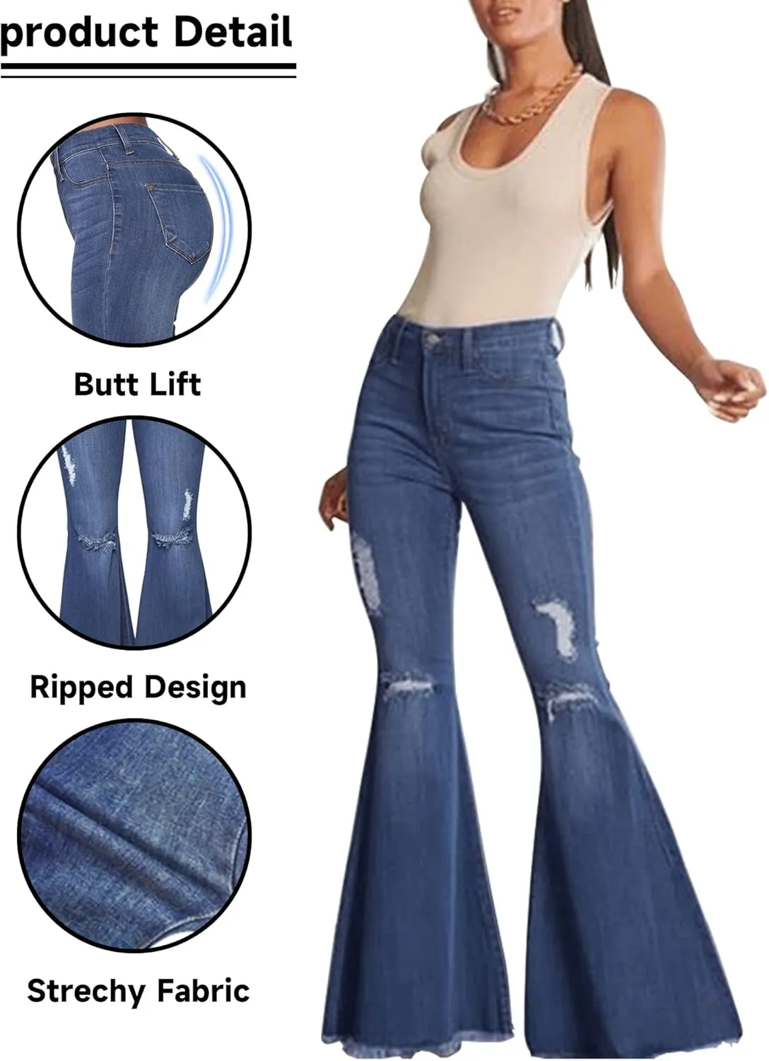 Women's Fashion Bell Bottom Pants High Waist Tassel Stretch Curvy Fit Jeans Blue