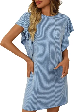 Women's Fashion Ruffle Sleeve T Shirt Dresses Summer Casual Crewneck Loose Fit Short Dresses Loungewear