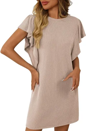 Women's Fashion Ruffle Sleeve T Shirt Dresses Summer Casual Crewneck Loose Fit Short Dresses Loungewear