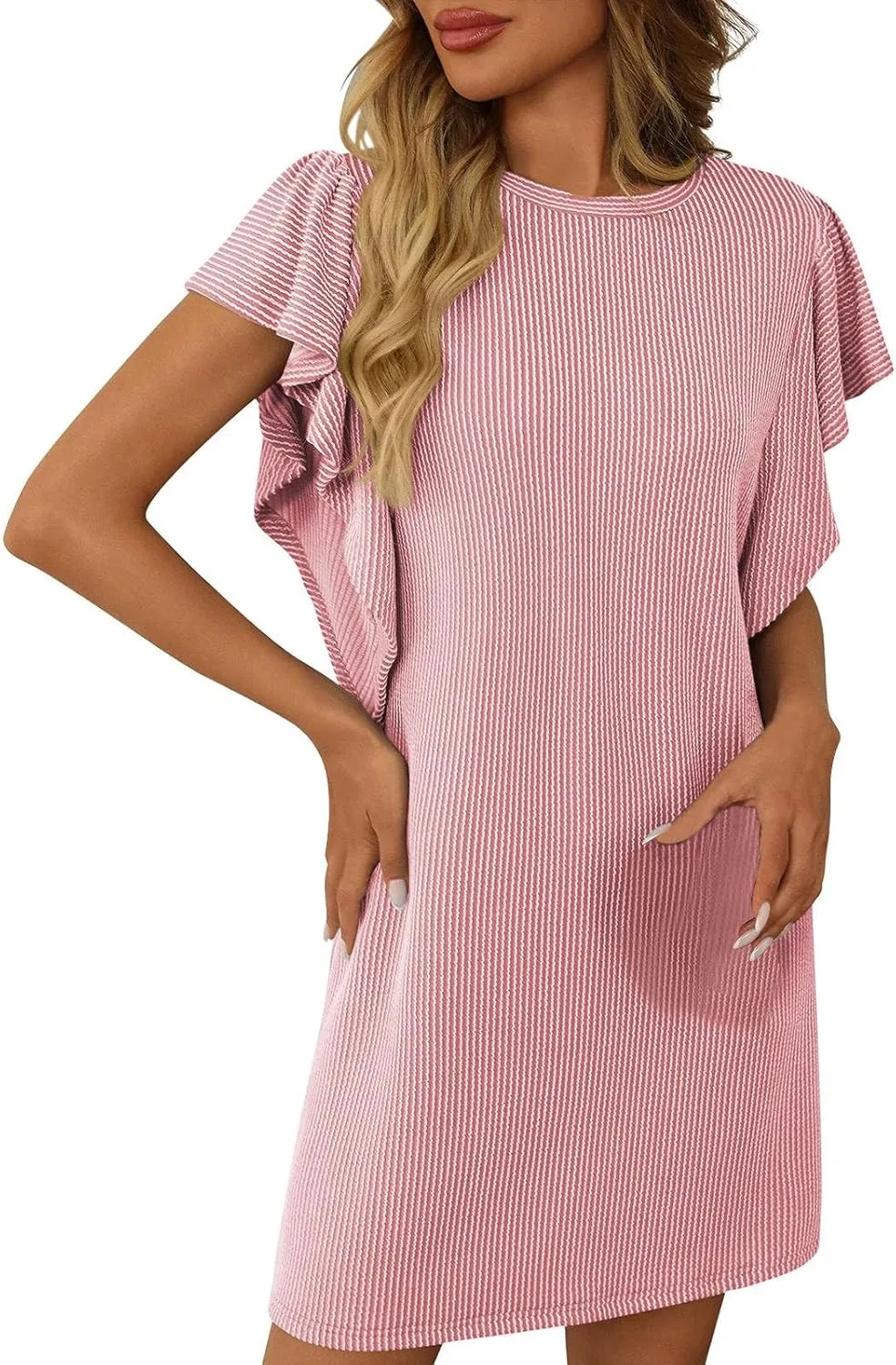 Women's Fashion Ruffle Sleeve T Shirt Dresses Summer Casual Crewneck Loose Fit Short Dresses Loungewear