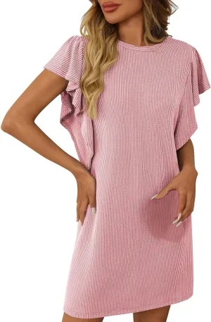 Women's Fashion Ruffle Sleeve T Shirt Dresses Summer Casual Crewneck Loose Fit Short Dresses Loungewear