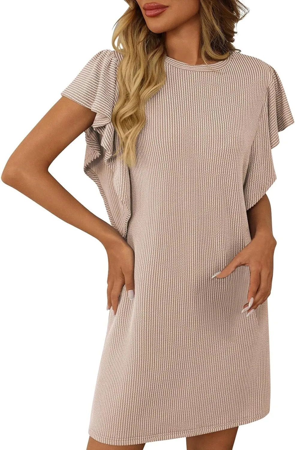 Women's Fashion Ruffle Sleeve T Shirt Dresses Summer Casual Crewneck Loose Fit Short Dresses Loungewear