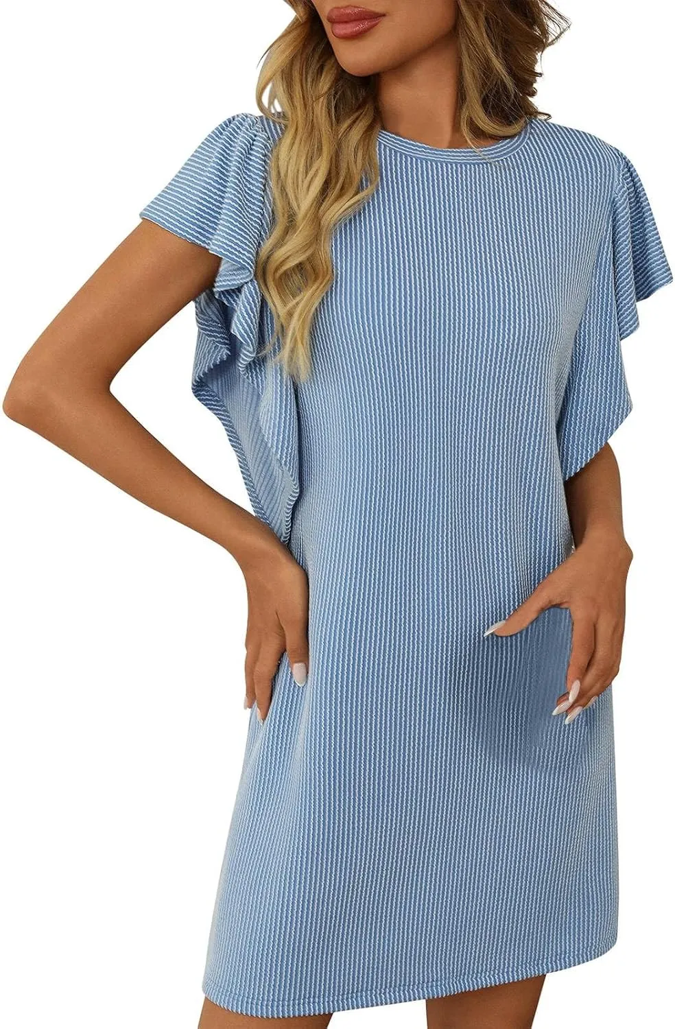 Women's Fashion Ruffle Sleeve T Shirt Dresses Summer Casual Crewneck Loose Fit Short Dresses Loungewear