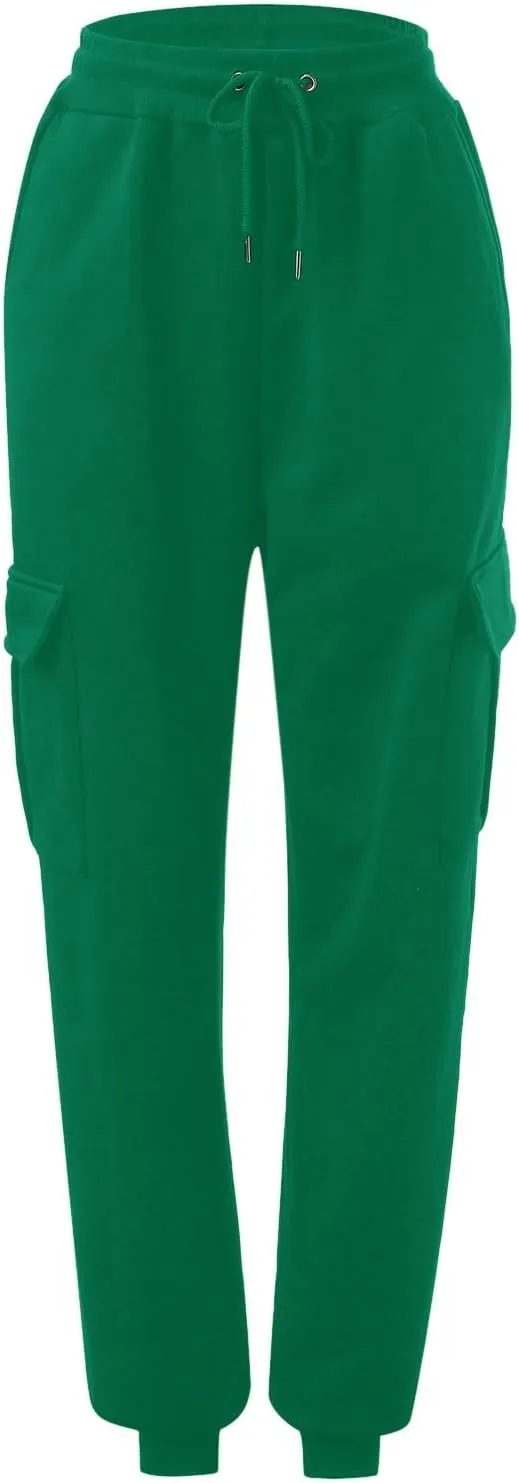 Womens Fleece Lined Sweatpants Ladies Solid Color Drawstring Elastic Waist Casual Loose Foot Fleece Sweatpants High