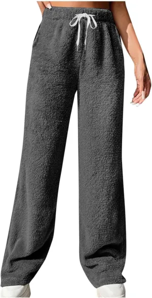 Women's Fleece Lined Wide Leg Pants with Pockets 2024 Loose Baggy Lounge Pants Fall Winter Pants