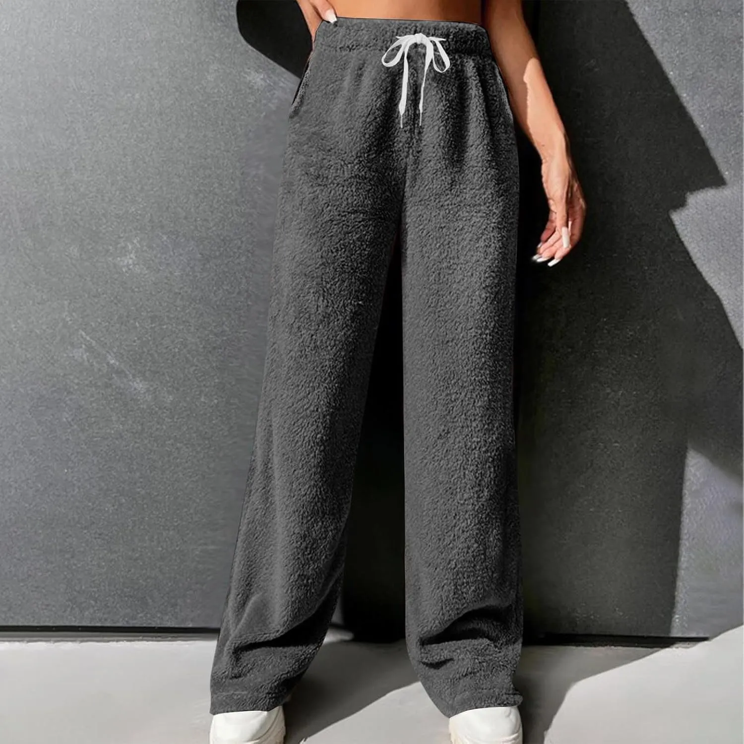 Women's Fleece Lined Wide Leg Pants with Pockets 2024 Loose Baggy Lounge Pants Fall Winter Pants