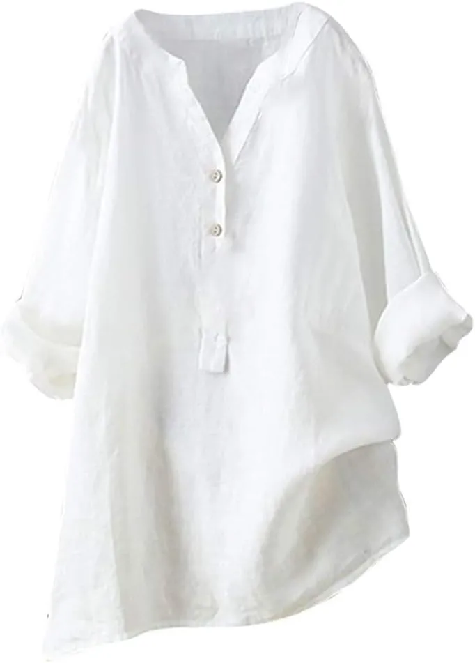 Women's Floral Print Linen Short Sleeve T Shirt Summer Basic Casual Oversized Blouses V-Neck Loose Tshirt