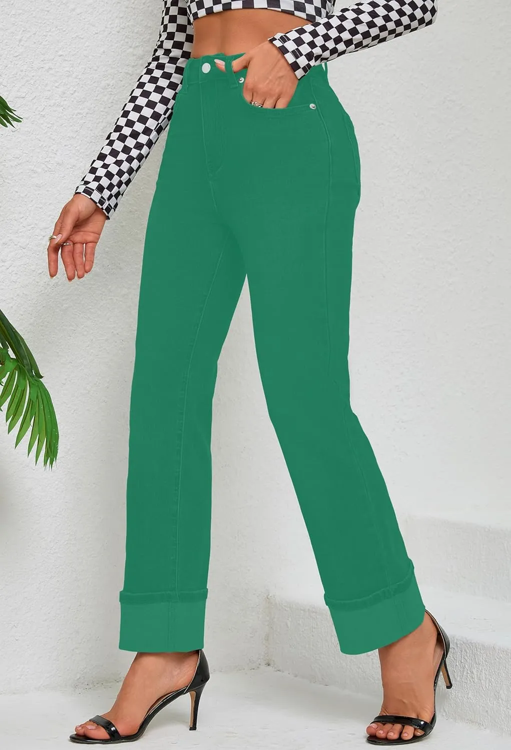 Womens Jeans High Waisted Stretchy Straight Leg Jeans for Women Tummy Control Trendy Cute Ankle Fold Hem Jeans Pants