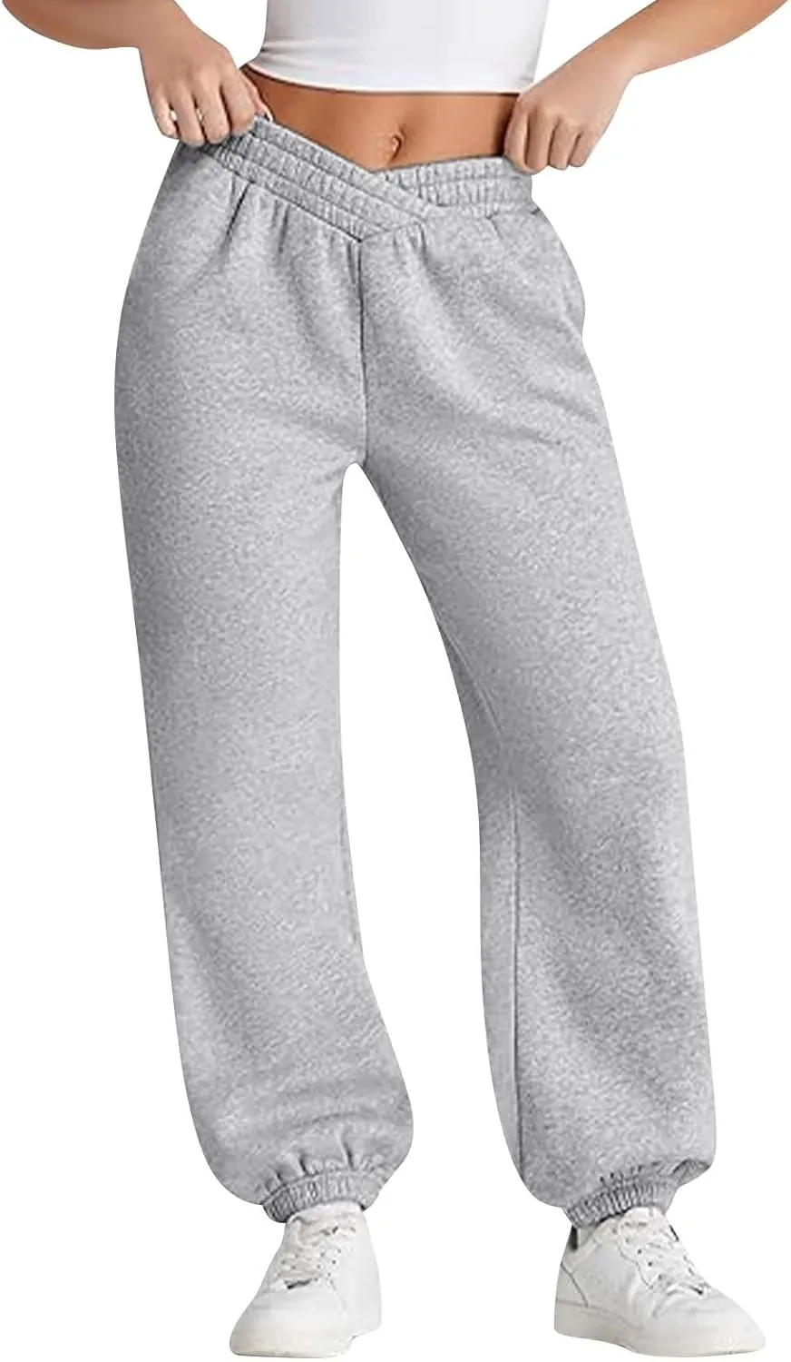 Womens Joggers with Pockets Fleece Baggy Sweatpants Low Rise Crossover Waist Loose Lounge Pants Workout Ankle Pants