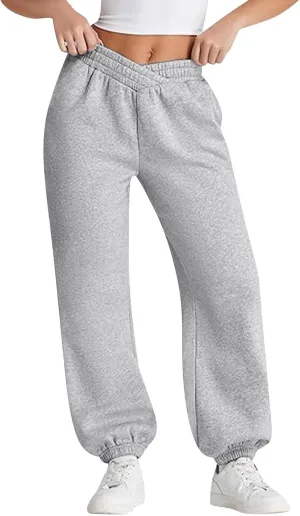 Womens Joggers with Pockets Fleece Baggy Sweatpants Low Rise Crossover Waist Loose Lounge Pants Workout Ankle Pants