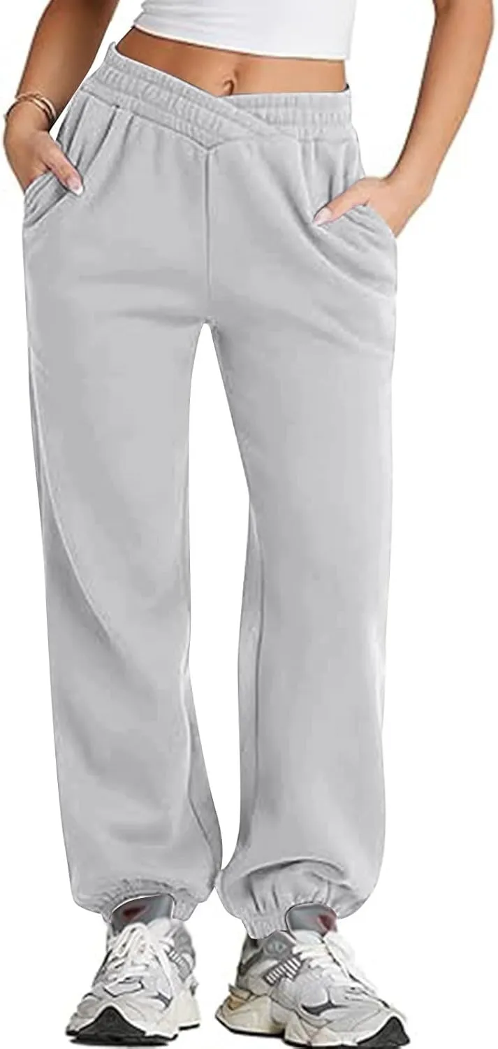 Womens Joggers with Pockets Fleece Baggy Sweatpants Low Rise Crossover Waist Loose Lounge Pants Workout Ankle Pants