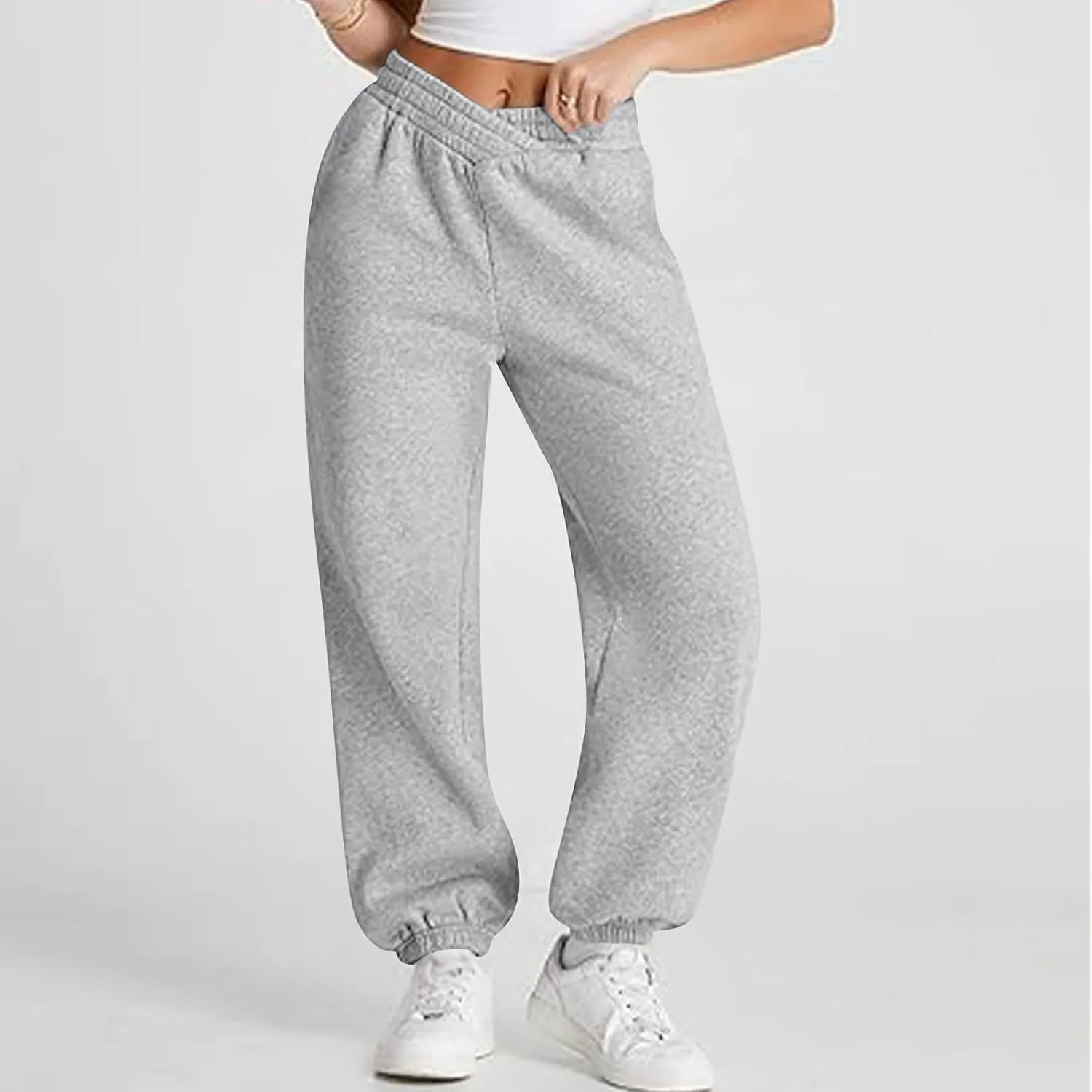 Womens Joggers with Pockets Fleece Baggy Sweatpants Low Rise Crossover Waist Loose Lounge Pants Workout Ankle Pants