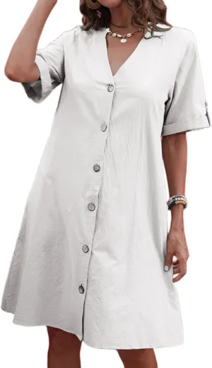 Women's Linen Midi Dress Oversized Short Sleeve Sundress V-Neck Button Down Dresses Solid Basic Loungewear Dresses