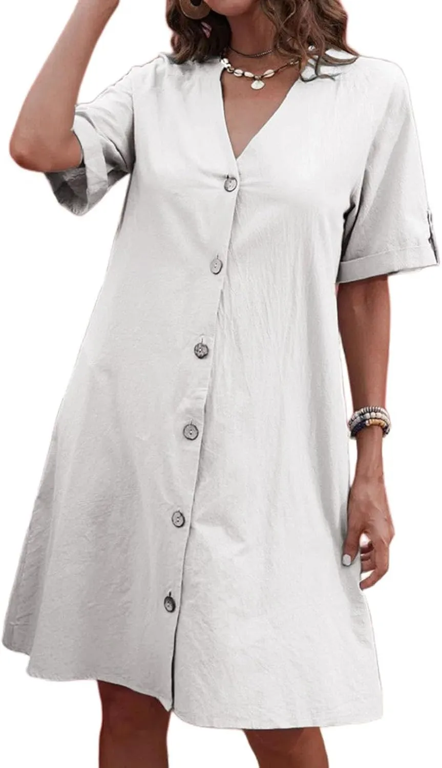 Women's Linen Midi Dress Oversized Short Sleeve Sundress V-Neck Button Down Dresses Solid Basic Loungewear Dresses