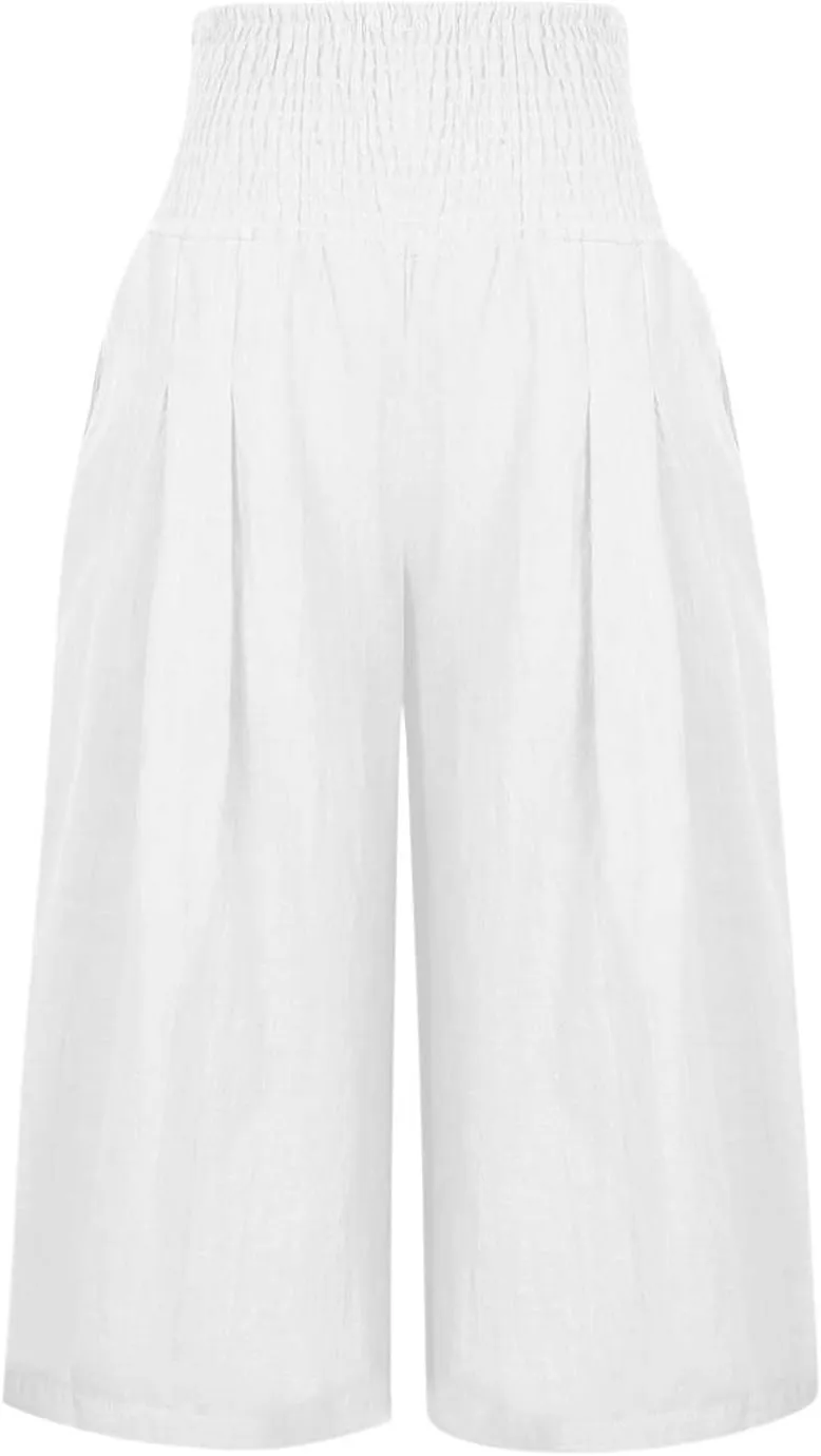 Womens Linen Palazzo Capri with Pockets Smocked High Waist Wide Leg Pants Casual Loungewear Flowy Summer Bottoms