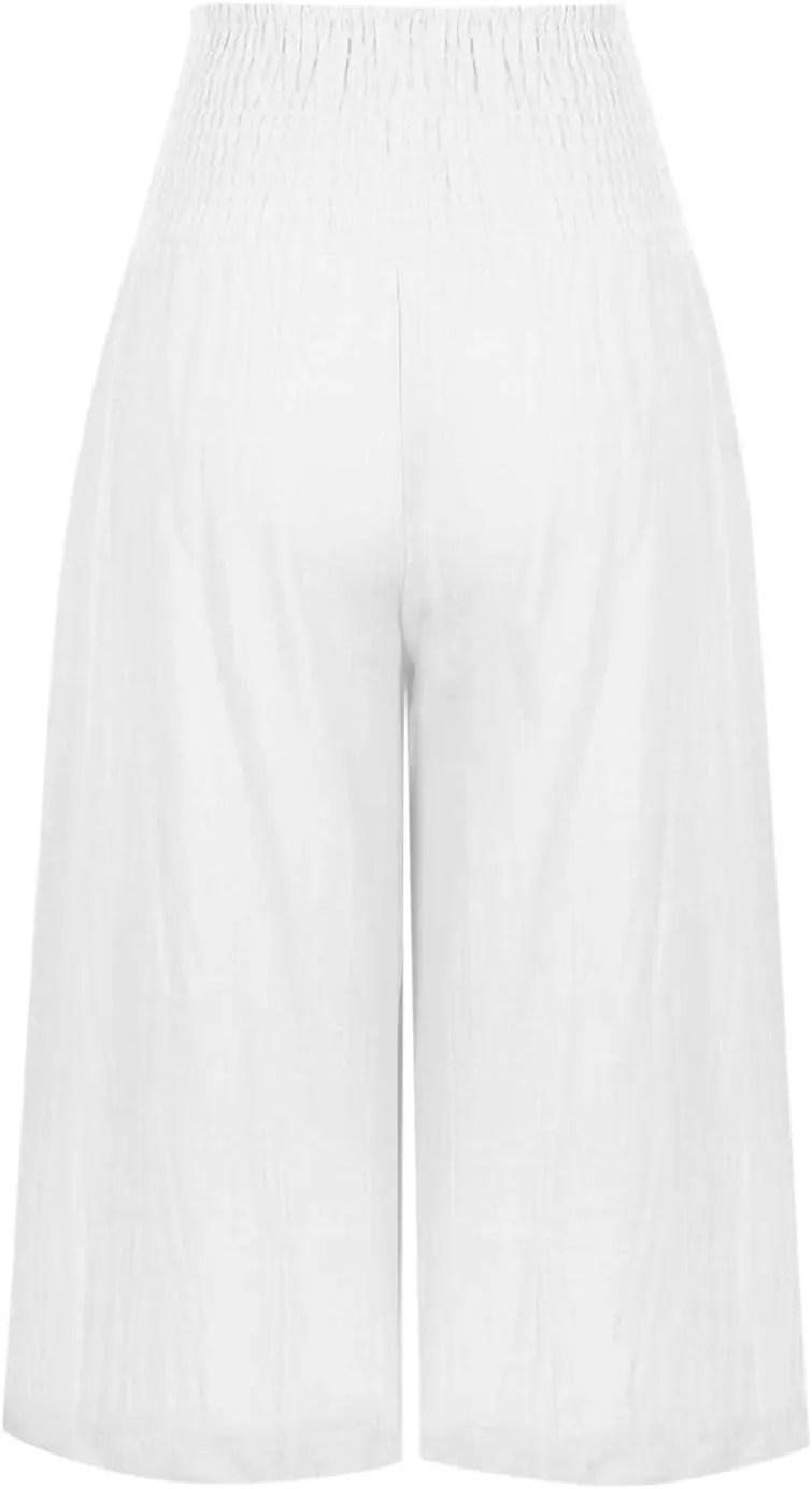 Womens Linen Palazzo Capri with Pockets Smocked High Waist Wide Leg Pants Casual Loungewear Flowy Summer Bottoms