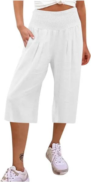 Womens Linen Palazzo Capri with Pockets Smocked High Waist Wide Leg Pants Casual Loungewear Flowy Summer Bottoms